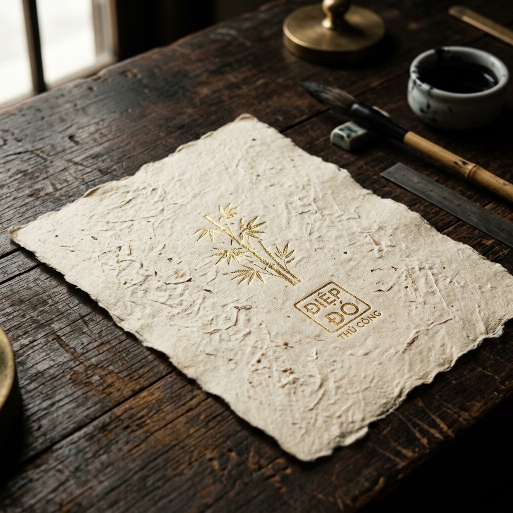 Textured Giấy Dó paper with golden accents on dark table