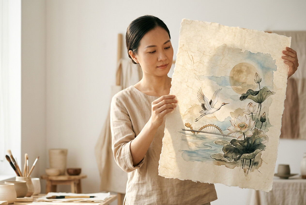 A Vietnamese artisan holding a sheet of handmade Dó paper in our Da Nang studio
