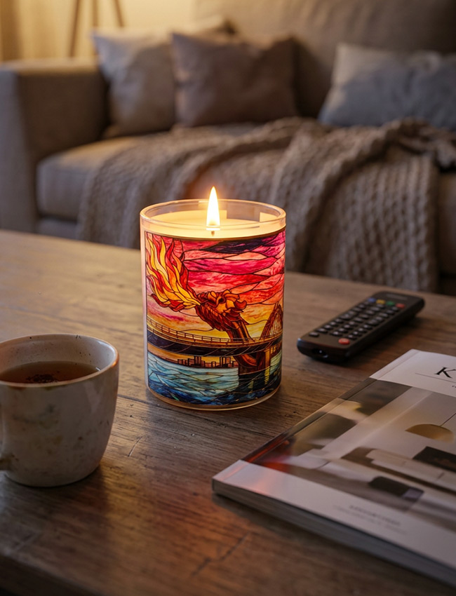 A handcrafted candle with a wooden wick burning in the studio