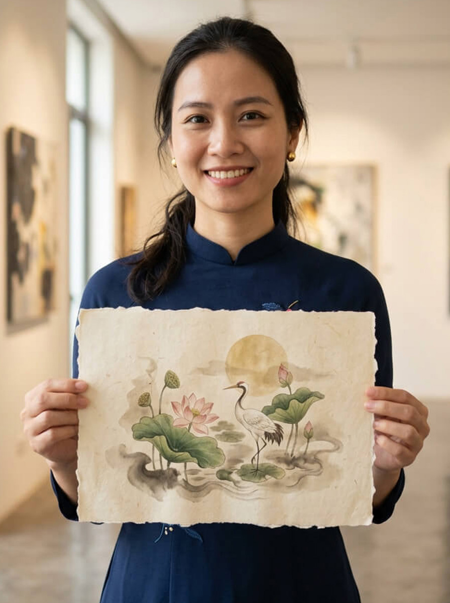 A Vietnamese woman presenting a sheet of Dó paper inside a gallery