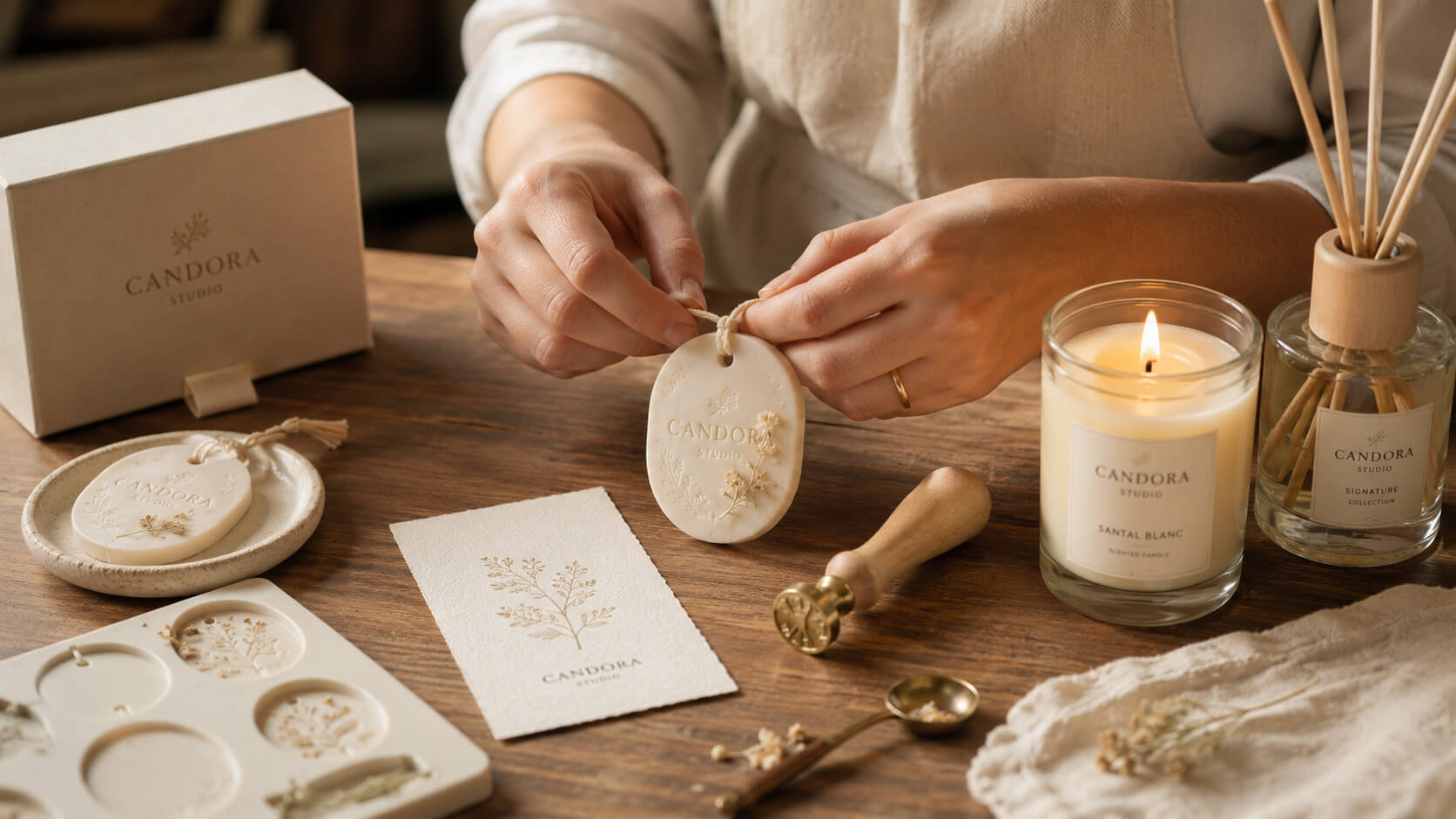 Close-up of handmade Candora pieces being finished by hand in the Da Nang studio