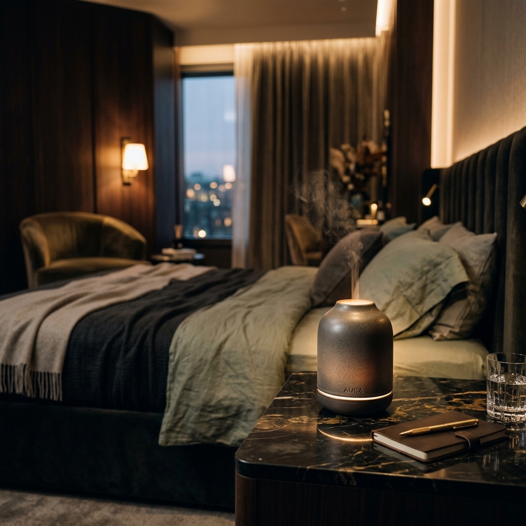 Handcrafted ceramic diffuser on dark marble table